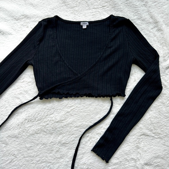 Garage Tops - Garage black long sleeve wrap top with lettuce edge